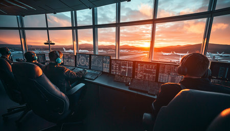 Air traffic controllers manage flight operations from a high-tech control room, overseeing aircraft movements with radar and communication systems.の素材