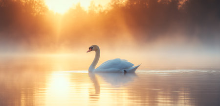 A swan is swimming in a lake with the sun reflecting on the water. The scene is serene and peaceful, with the bird being the main focus of the imageの素材
