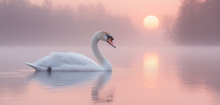 A swan is swimming in a lake with a pink and orange sky in the background. The swan is the main focus of the image, and the sky and water create a serene and peaceful atmosphereの素材