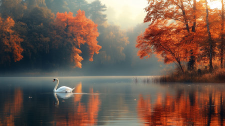 A swan is swimming in a lake with autumn leaves floating on the surface. The scene is peaceful and serene, with the water reflecting the colours of the treesの素材