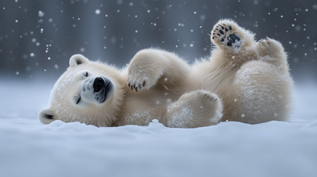 A baby polar bear is laying in the snow. The bear is small and fluffy, and it is sleeping. Concept of peace and tranquility, as the bear is resting in a serene environmentの素材
