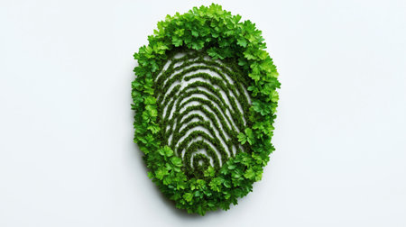 A creative fingerprint illustration formed using green leaves and moss, symbolizing identity, nature, and sustainability on a clean white background.の素材