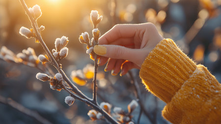 A person is reaching for a branch covered in frost. Concept of longing and desire, as the person's hand reaches out to touch the frozen branch. The frost on the branch adds a sense of coldnessの素材