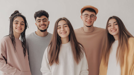 A group of five young friends smiling together, dressed in casual pastel outfits. Their relaxed and cheerful expressions reflect friendship, positivity, and youthful energy.の素材