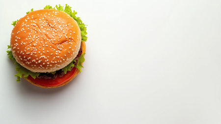 A juicy beef patty layered with crisp lettuce, ripe tomato, and creamy cheese, all sandwiched between a soft sesame seed bun, delivering the perfect bite every time.の素材