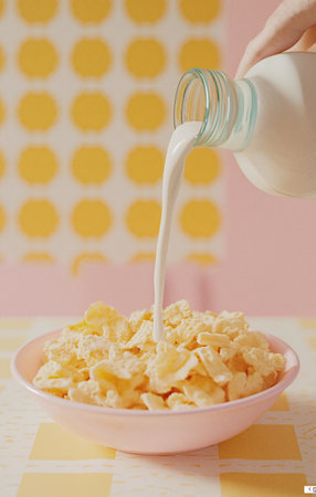 A person is pouring milk into a bowl of cereal. The bowl is pink and the milk is white. The scene is simple and peaceful, with the focus on the act of pouring milk into cerealの素材