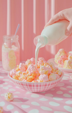 A person is pouring milk into a bowl of popcorn. The bowl is pink and white and is placed on a table. There are other bowls and cups on the table as well. The scene is playful and funの素材