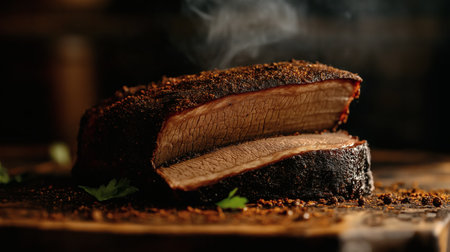 A succulent, perfectly smoked brisket with a dark, seasoned bark and tender interior, still steaming on the cutting board barbecue at its boldest and most flavourful.の素材