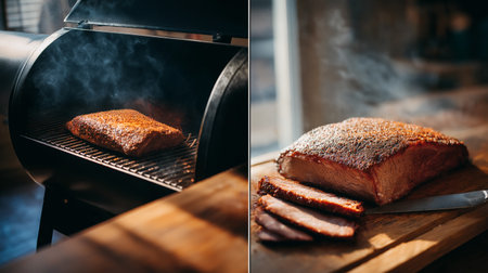 A beautifully smoked brisket, captured mid-cook in the smoker and fresh out on the cutting board, radiating with rich, smoky aroma and perfectly barked crust.の素材