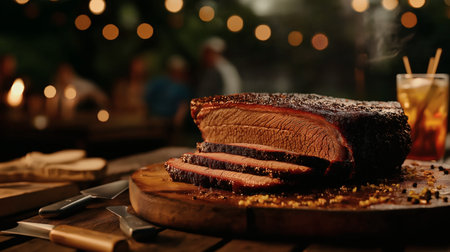 A thick, smoky brisket sits sliced on a wooden board at an evening outdoor barbecue. Surrounded by warm lights, iced tea, and rustic vibes, the image captures the savory essence of summer grilling and good company.の素材