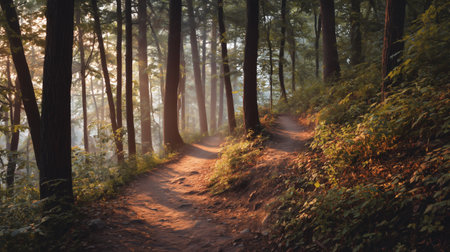 A quiet forest trail glows with the golden light of sunrise, weaving through tall trees and dense undergrowth. This tranquil woodland scene captures the stillness of early morning, making it ideal for use in nature blogs, hiking content, mindfulness imagery, and outdoor photography.の素材