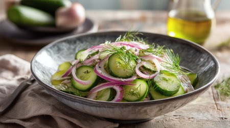 Healthy cucumber salad featuring crisp cucumber slices, vibrant red onion, and fresh dill, served in a rustic ceramic bowl on a wooden surface. This refreshing vegan side dish is ideal for summer meals, clean eating, and plant-based recipes.の素材
