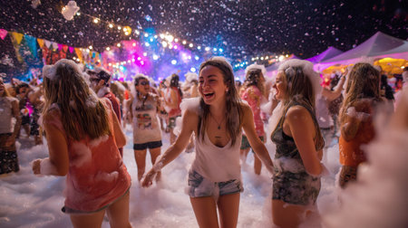 Young people enjoying a vibrant outdoor foam festival filled with lights, music, bubbles, and laughter in a colourful and energetic celebrationの素材