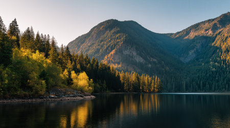 Peaceful mountain landscape featuring a serene lake reflecting golden autumn trees and towering hills under a clear evening sky. The soft light enhances the rich colors and natural beauty, perfect for nature lovers and scenic travel inspiration.の素材