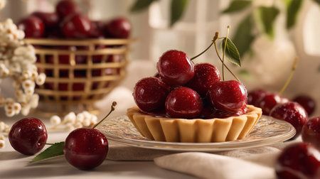 A beautifully arranged cherry tart topped with glistening ripe cherries, set against a soft and elegant background. Perfect for dessert lovers and summer-themed culinary inspiration.の素材