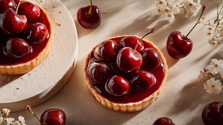 An elegant cherry tart crowned with juicy glazed cherries, presented on a soft beige surface adorned with white florals perfect for gourmet dessert lovers and pastry photography enthusiasts.の素材