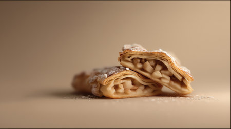 Two perfectly sliced halves of apple strudel showcasing delicate flaky layers and tender apple filling, styled against a soft beige background for a clean and minimalist dessert presentation ideal for modern food branding.の素材