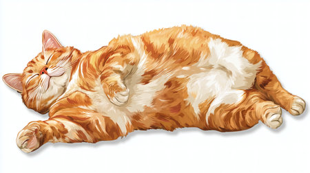 Cute cartoon illustration of a chubby orange tabby cat sleeping peacefully on its back with a satisfied expression. Perfect for pet-themed designs, cat lover merchandise, or cozy animal content showcasing relaxation, comfort, and feline charm.の素材