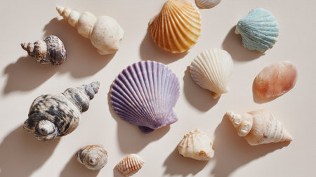 An overhead flatlay of colorful and uniquely shaped seashells placed on a warm beige surface. The arrangement includes spiral, scallop, and conch shells in shades of purple, orange, blue, and peach. Ideal for beach-themed visuals, summer concepts, nature collections, and decorative inspiration.の素材