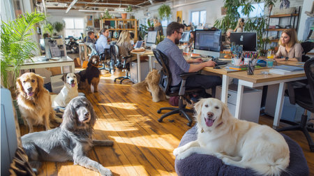 A lively and modern office environment where employees work alongside their dogs, promoting a pet-friendly culture filled with natural light, wooden floors, and relaxed productivity perfect for workplace wellness and lifestyle branding.の素材