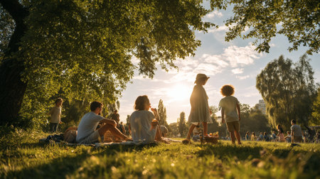 Families and children enjoying a sunny day in the park, relaxing under the trees and soaking in the golden light capturing the essence of summer leisure, outdoor bonding, and nature-filled moments.の素材