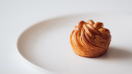A small, perfectly formed swirl pastry with golden flaky layers rests on a white ceramic plate. The minimalist presentation highlights the pastry rich texture and elegant design, ideal for premium bakery branding, food styling, or product photography.の素材