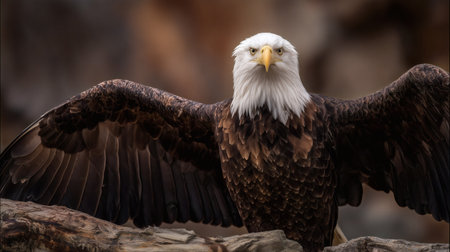 Strong and majestic bald eagle standing on a rock with wings open, showcasing its fierce gaze and powerful presence in a natural settingの素材