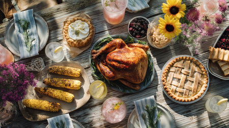 An inviting outdoor table setting featuring a golden roasted turkey, grilled corn, lattice fruit pie, mini tarts, lemonade, and fresh floral arrangements. This garden-inspired feast captures the warmth of shared meals, seasonal flavors, and natural beauty under the sunlight.の素材