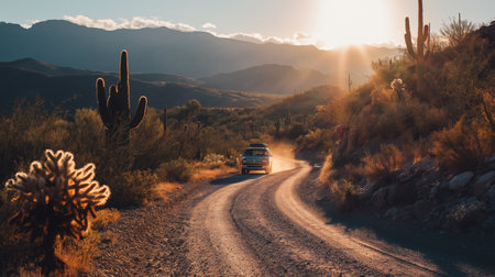 SUV driving through a winding desert road surrounded by cactus and mountains, lit by a glowing sunset in the American Southwest.の素材
