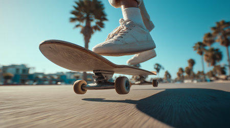Close-up shot of a skateboarder performing a trick on a sunny day near the beach. Captures movement, youth culture, and street lifestyle in a palm-lined setting.の素材