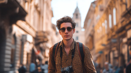 Young stylish male traveler wearing sunglasses with backpack and camera walking along beautiful European historic city street perfect for travel blogs tourism lifestyle content or social media promotionの素材