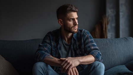 A thoughtful young man with a beard sits on a couch, looking pensive. This image captures themes of introspection, modern life challenges, mental health, emotional well-being, and quiet reflection. It's ideal for content on stress, anxiety, personal growth, and seeking solutions.の素材
