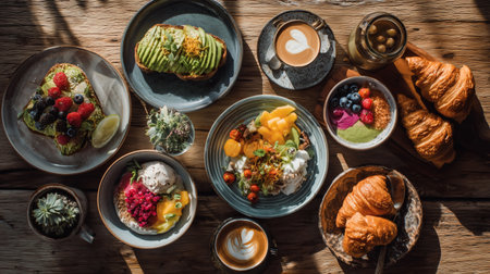 A beautifully arranged overhead shot of various healthy breakfast and brunch items, including avocado toasts, colourful smoothie bowls, pastries, and coffee with latte art. This image celebrates delicious, nutritious meals, cafe culture, and a balanced, wholesome lifestyle.の素材
