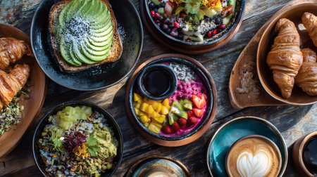 A vibrant overhead view of a diverse breakfast spread featuring colourful smoothie bowls, avocado toast, croissants, and latte art. This image celebrates healthy eating, brunch culture, gourmet food, and a vibrant, wholesome lifestyle, perfect for food blogs, cafes, and wellness content.の素材