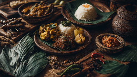A delectable spread of traditional Asian dishes, artfully presented on rustic wooden and woven surfaces, adorned with fresh banana leaves. This image evokes the rich flavours, cultural heritage, and diverse culinary traditions of Southeast Asian cuisine, perfect for food, travel, and cultural content.の素材