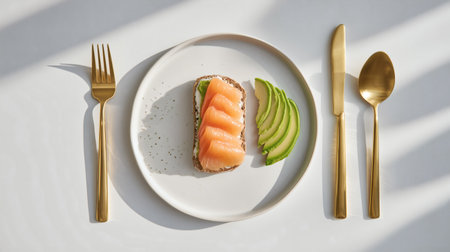 An overhead shot of a perfectly plated salmon and avocado toast with golden cutlery, bathed in bright natural light. This image represents healthy eating, gourmet breakfast, clean ingredients, and a modern, minimalist culinary aesthetic. Ideal for food blogs, wellness content, and healthy recipes.の素材