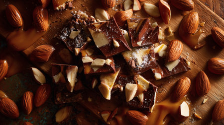 A tempting close-up from above, showcasing homemade chocolate, almond, and caramel treats.の素材