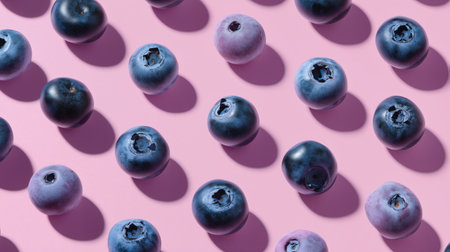 A vibrant, top-down pattern of fresh blueberries with subtle shadows, arranged diagonally on a bright pink background, creating a playful and artistic visual.の素材