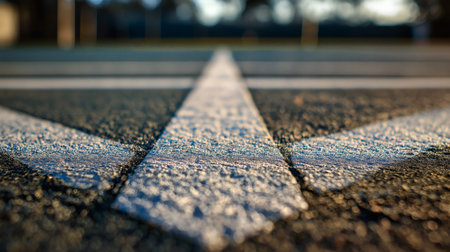 A low-angle, close-up shot of a textured asphalt road surface with distinct white painted lines intersecting, capturing the gritty details and patterns of urban infrastructure.の素材