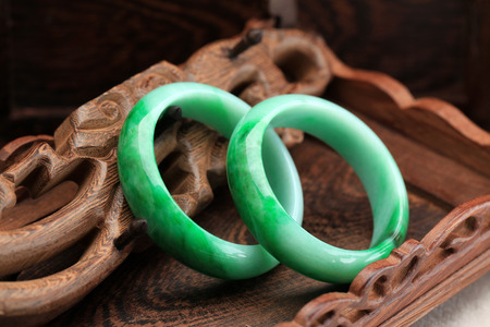 One pair of green jade braceletの写真素材