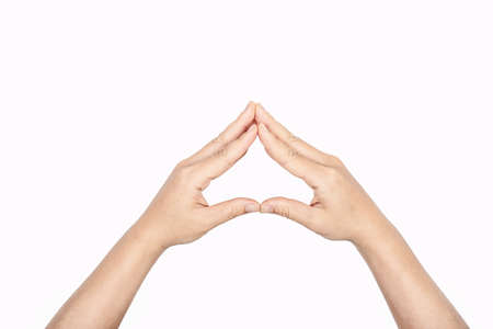 Closeup of female hand showing love sign. Love gesture conceptの写真素材
