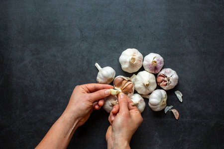 Garlic and Garlic Cloves and sliced garlic on dark grey background.の写真素材