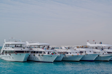 A picturesque row of white boats is neatly lined up in the calm water, adding charm to the serene...