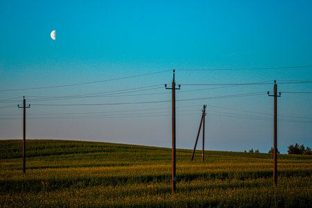 In a tranquil field, there are several telephone poles lined up, with a beautiful moon hanging gracefully in the background, illuminating the sceneの写真素材