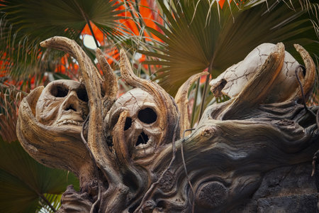 An intricately designed statue that resembles a tree, featuring skulls artistically carved into its surface for artistic effectの写真素材