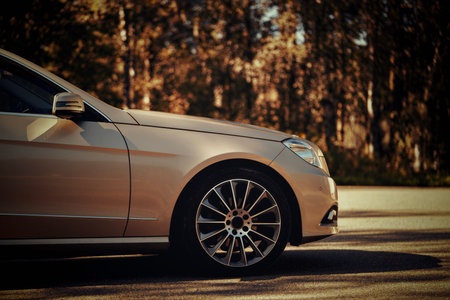 A stylish luxury car parked in a tranquil outdoor environment, showcasing its elegant design and...