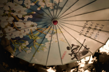 A beautifully crafted traditional Japanese umbrella showcasing cherry blossoms against a serene backgroundの写真素材