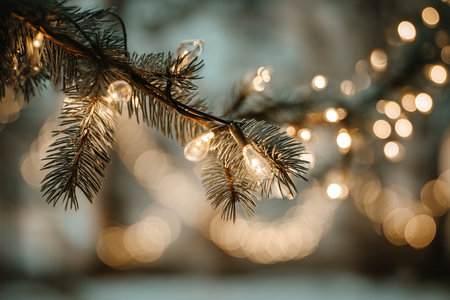 Christmas tree branch with bokeh lights on bokeh backgroundの素材