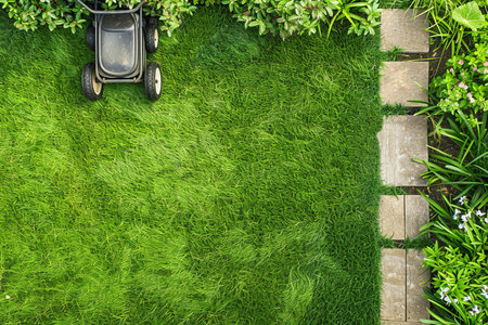 garden mower scene, visual summary of landscaped garden showing mowing equipment and diverse plantの素材