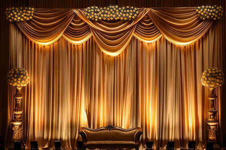 opulent golden curtains framing antique sofa, soft theatrical lighting, draped swags, ornate pedestalsの素材